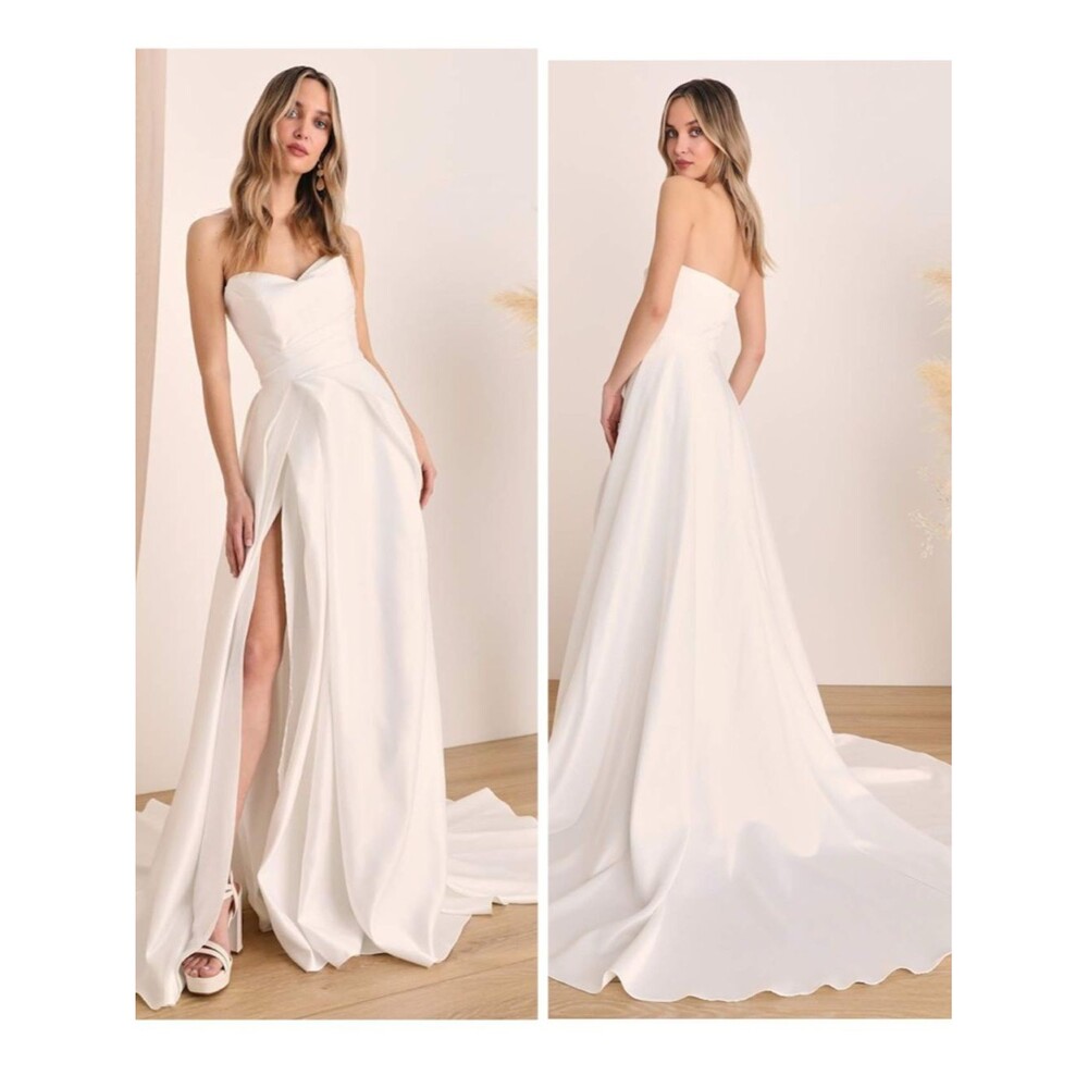 Lulus Lifetime of Love White Satin Strapless A-Line Gown Size 4 Classic Wedding - Picture 3 of 14